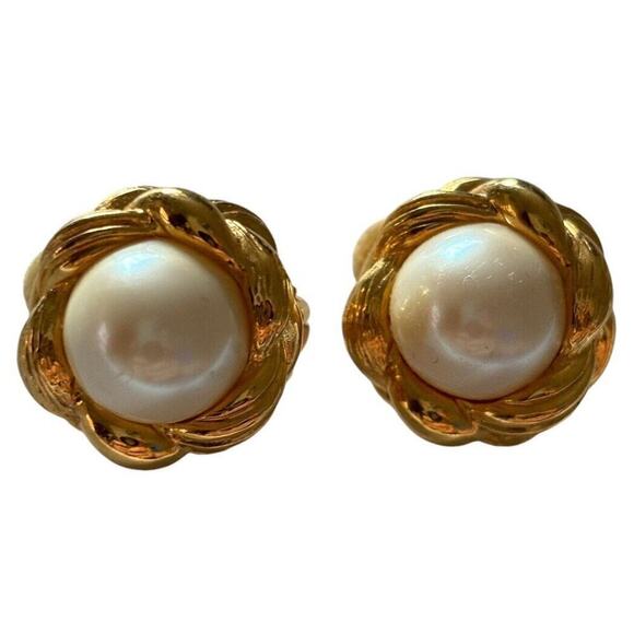 Unbranded Jewelry - Braided Brushed Gold Tone Framed Pearl Clip On Earrings with Cushion Backs